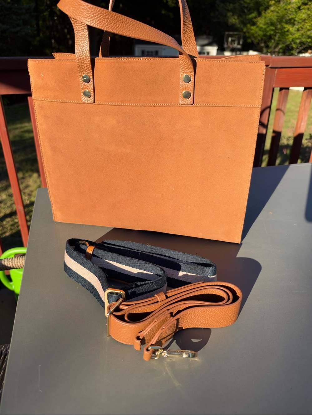 Mark & Graham Caramel suede Tote with Navy & White Striped Strap